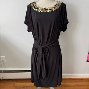 Ruched Black Stretchy Cocktail Holiday Dress, Gold Beading & Tie/Wrap Waist! LBD